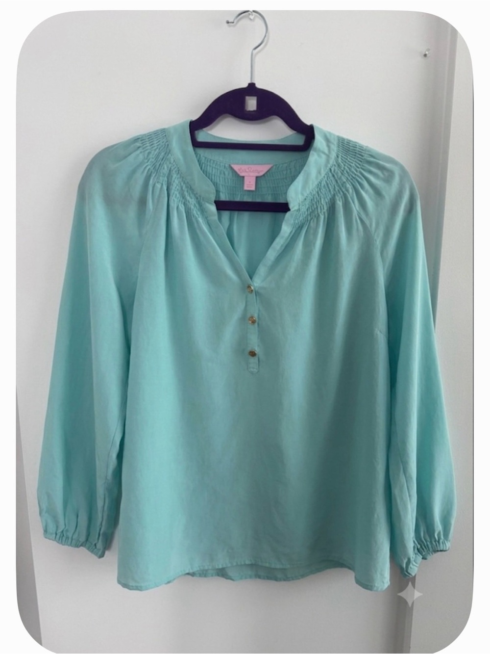 Lilly Pulitzer Aqua Smocked Silk Blouse